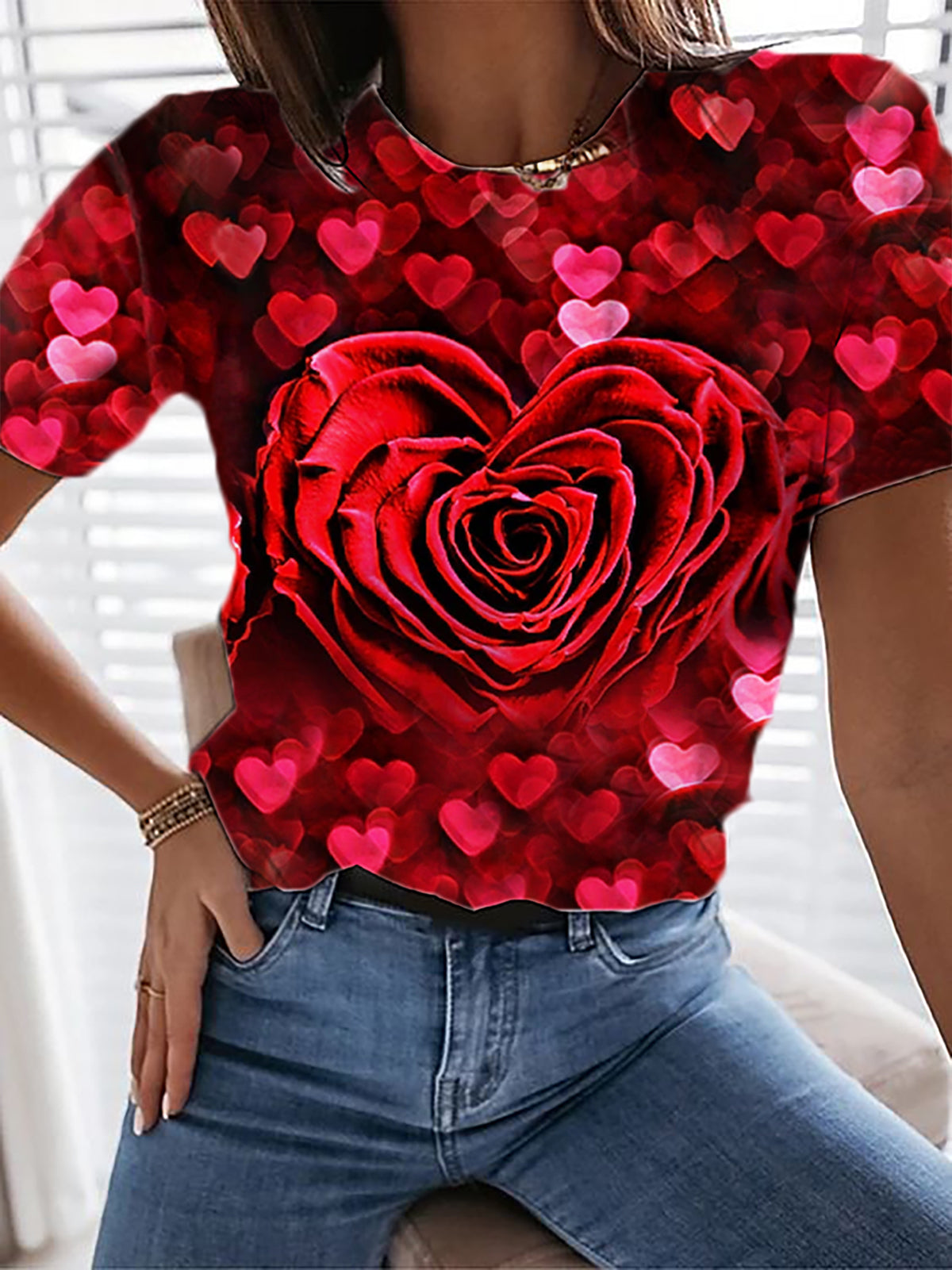 Valentine's Day Rose Print Short Sleeve Top