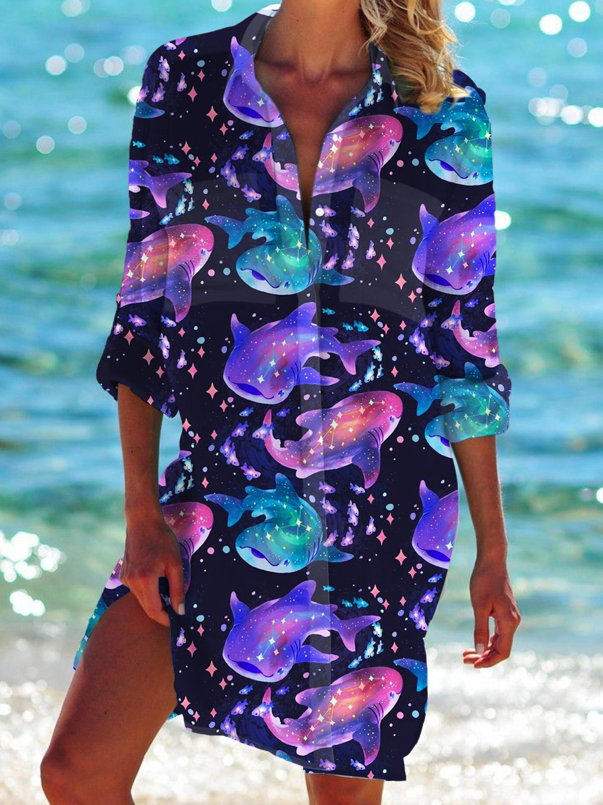 Cute Whales Print Long Sleeve Beach Shirt Dress