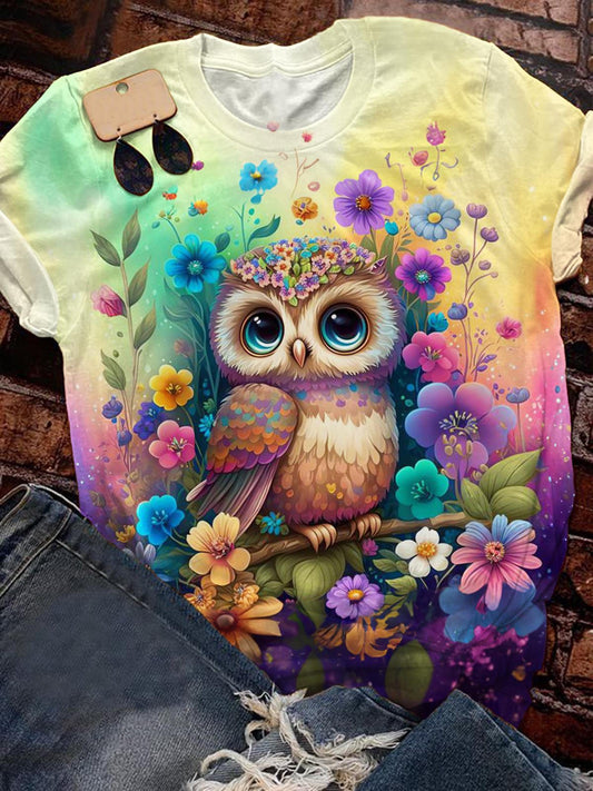 Women's Floral Owl Print Crew Neck Top