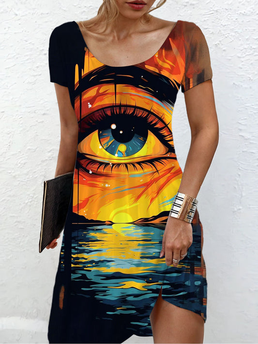 Abstract Face Print Short Sleeve Crew Neck Dress