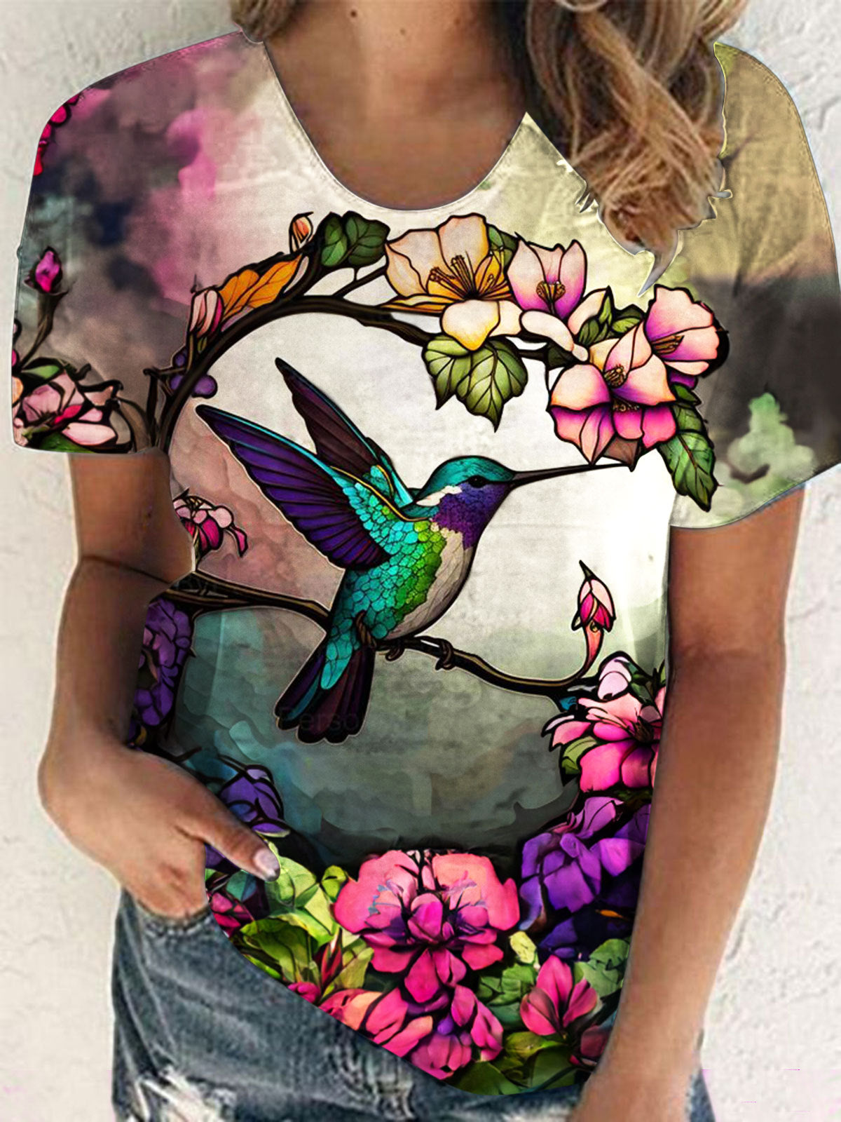 Floral Hummingbird Print Crew Neck Top