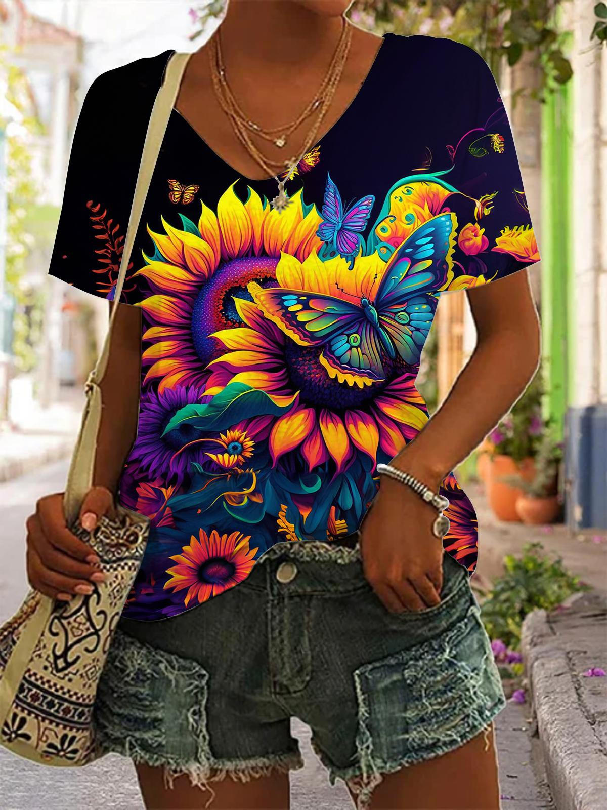 Sunflower Colorful Butterfly V-Neck T-Shirt