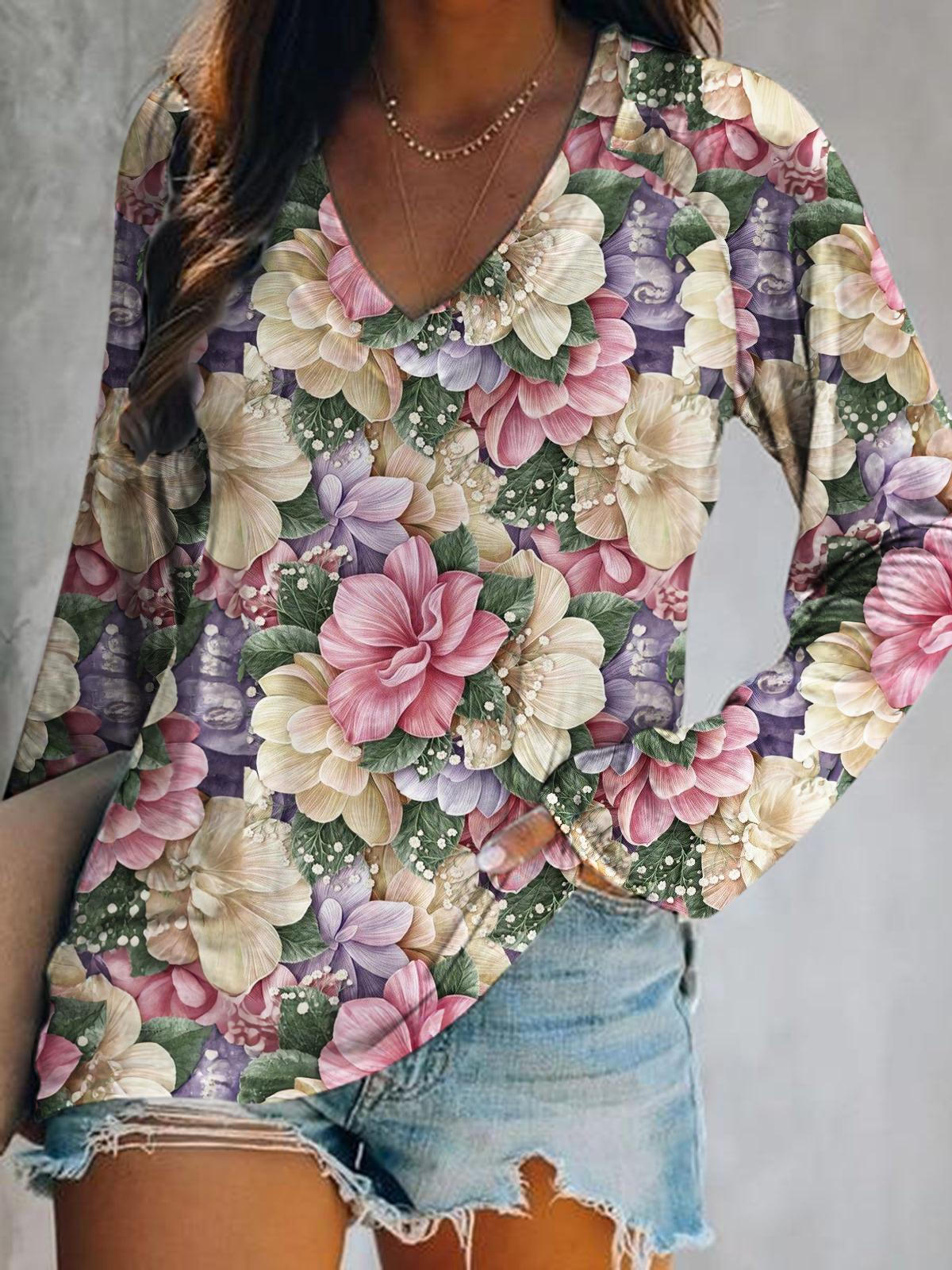 Women's Floral Print V-Neck Long Sleeve Top