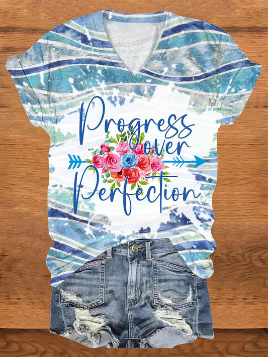 Progress Over Perfection Flower V-Neck Short Sleeve T-Shirt