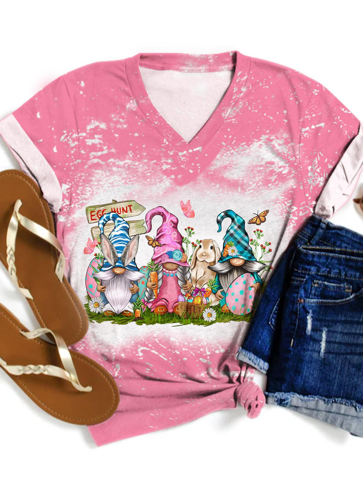 Easter Gnomes Print V-Neck Short Sleeve T-Shirt