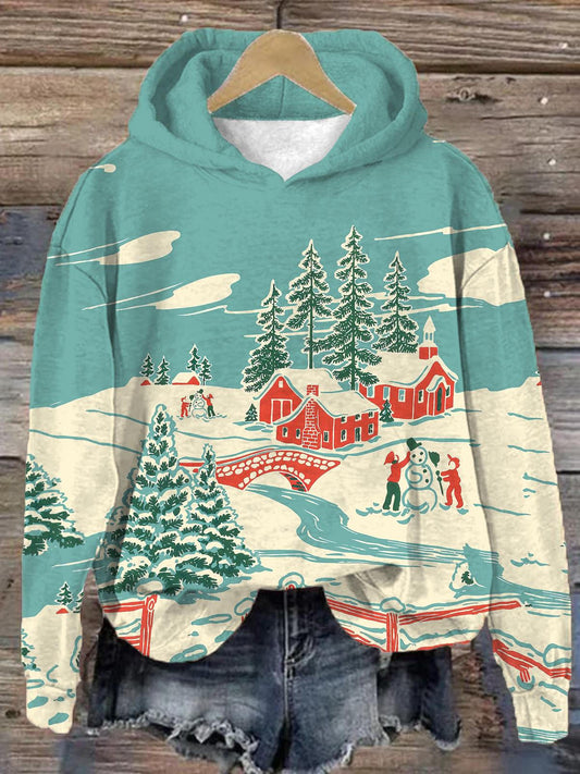 Vintage Winter Christmas Print Long Sleeve Hoodie