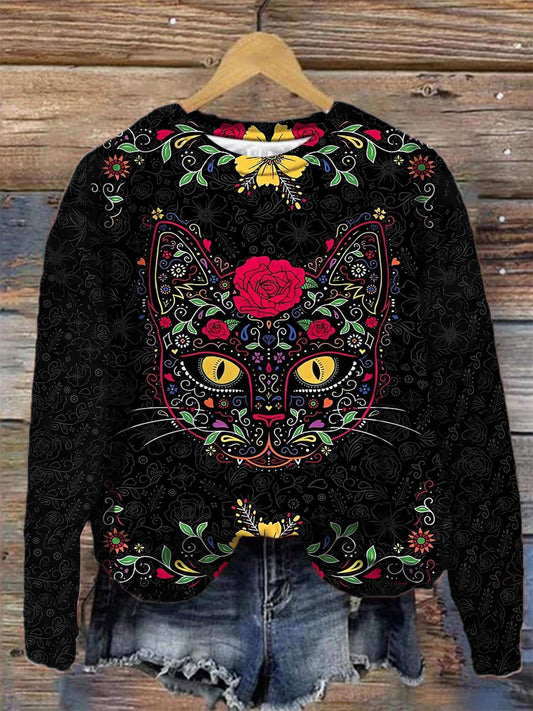 Floral Cat Crew Neck Long Sleeve Top