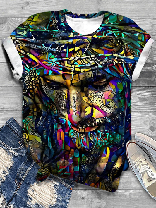 Abstract Jesus Print Crew Neck T-shirt