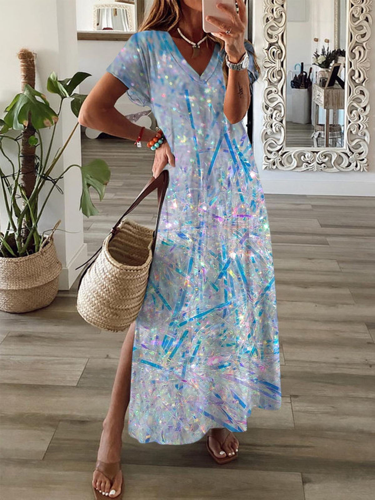 Casual Print Short Sleeve V Neck Maxi Dress