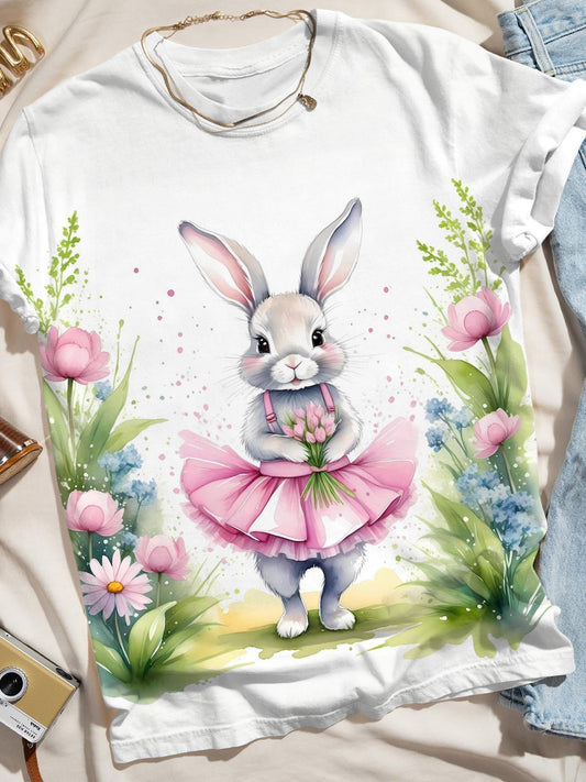 Spring Easter Bunny Print Crew Neck T-shirt