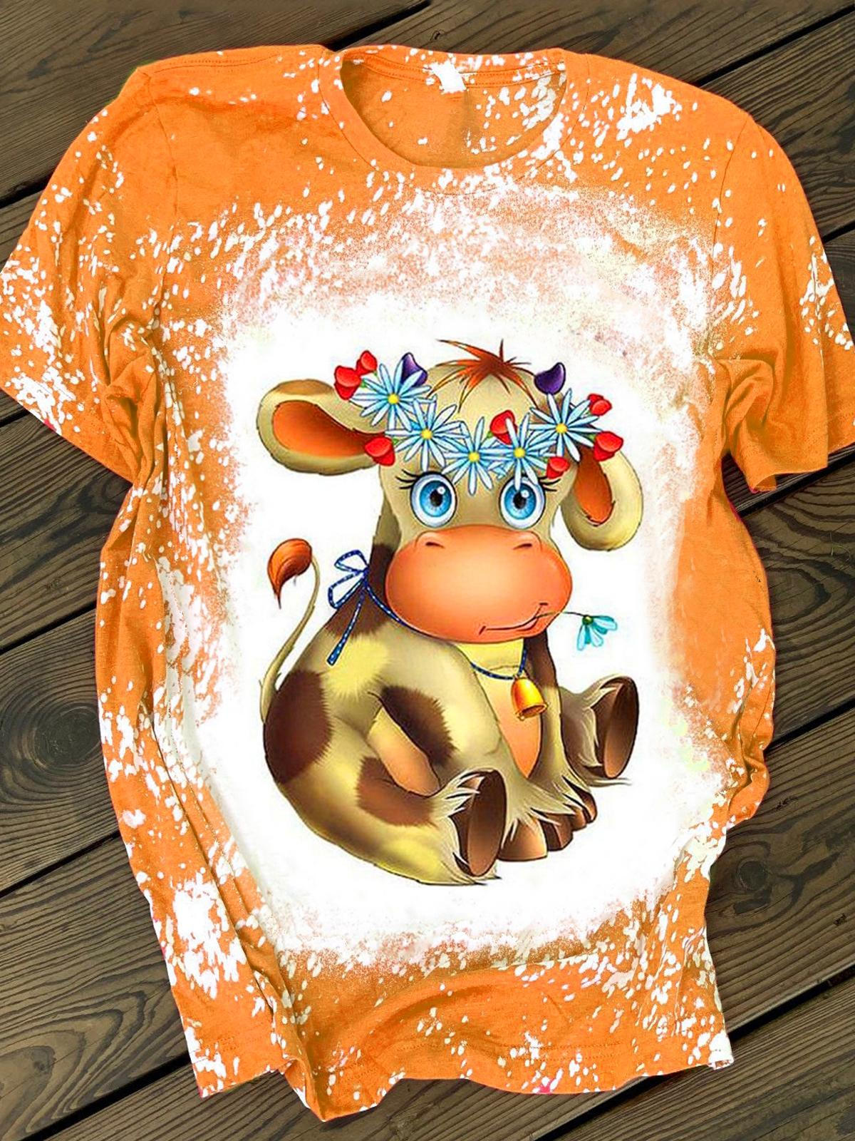 Cow Flower Crew Neck T-shirt