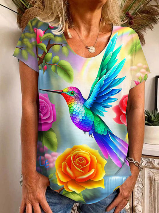 Floral Hummingbird Print Crew Neck Top