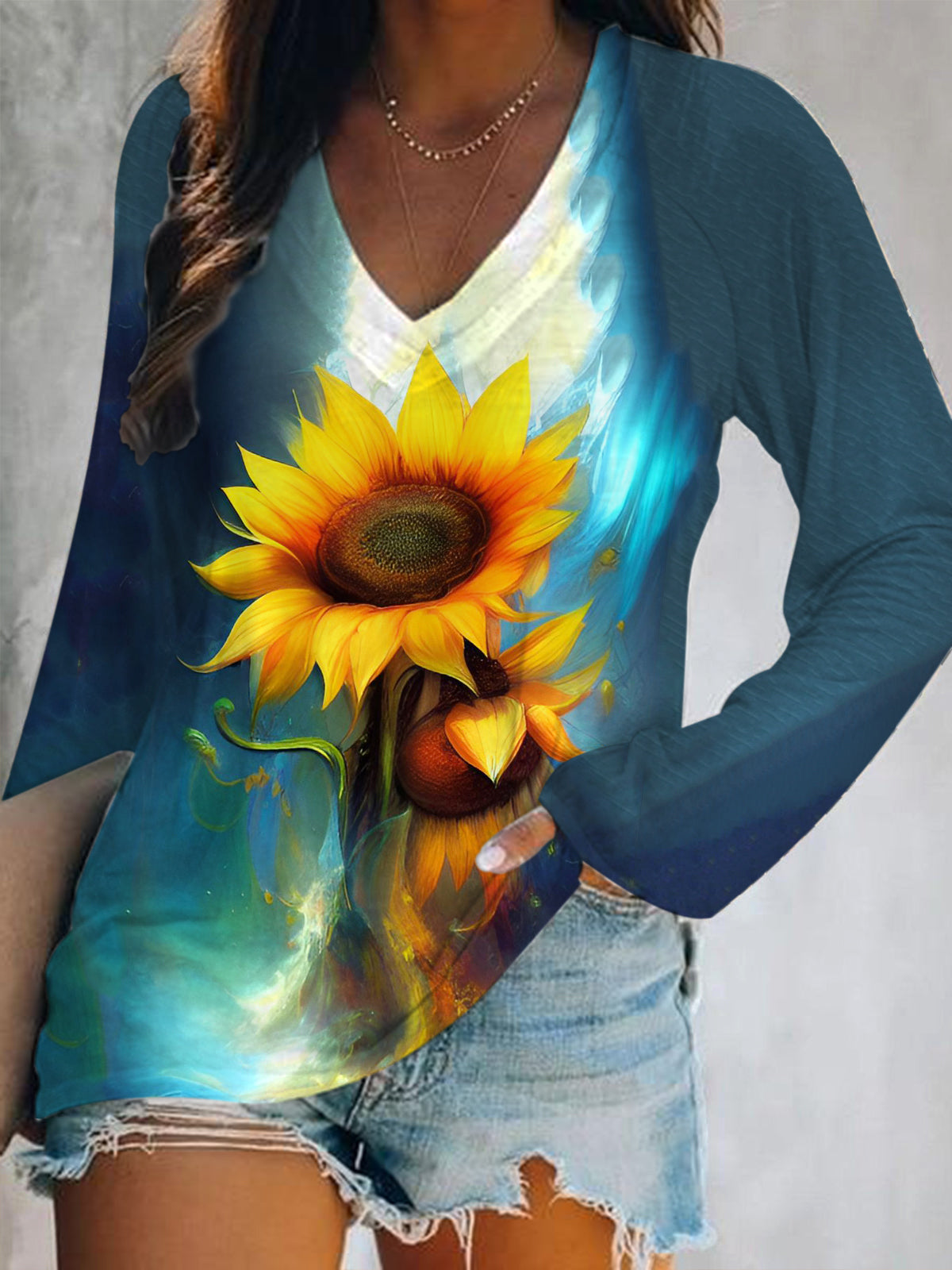 Sunflower Print V-Neck Long Sleeve Top