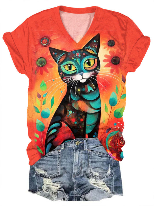 Colorful Cat Art Print V-Neck Short Sleeve T-Shirt