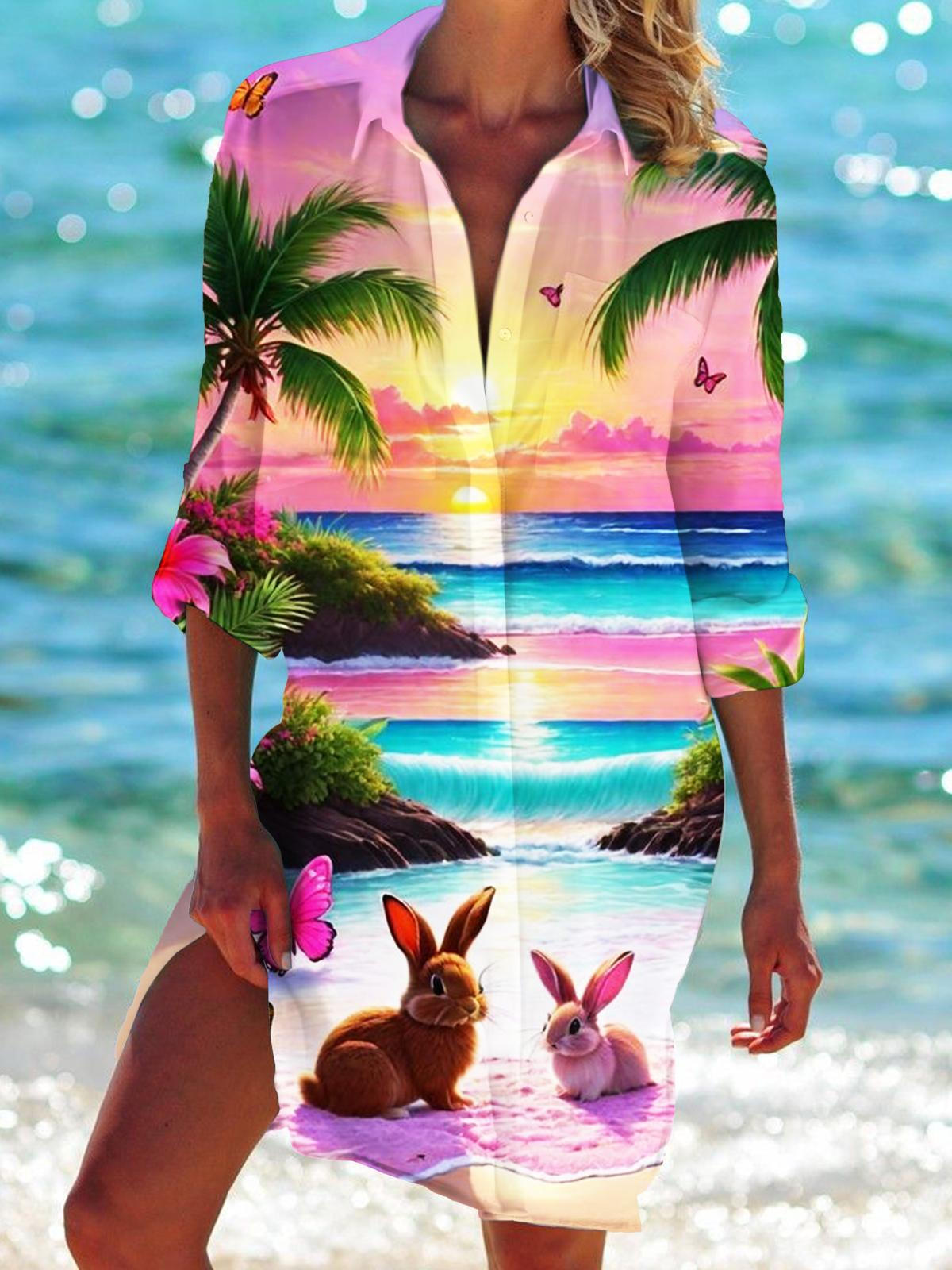 Women's Holiday Beach Bunny Print Long Sleeve Beach Shirt Dress