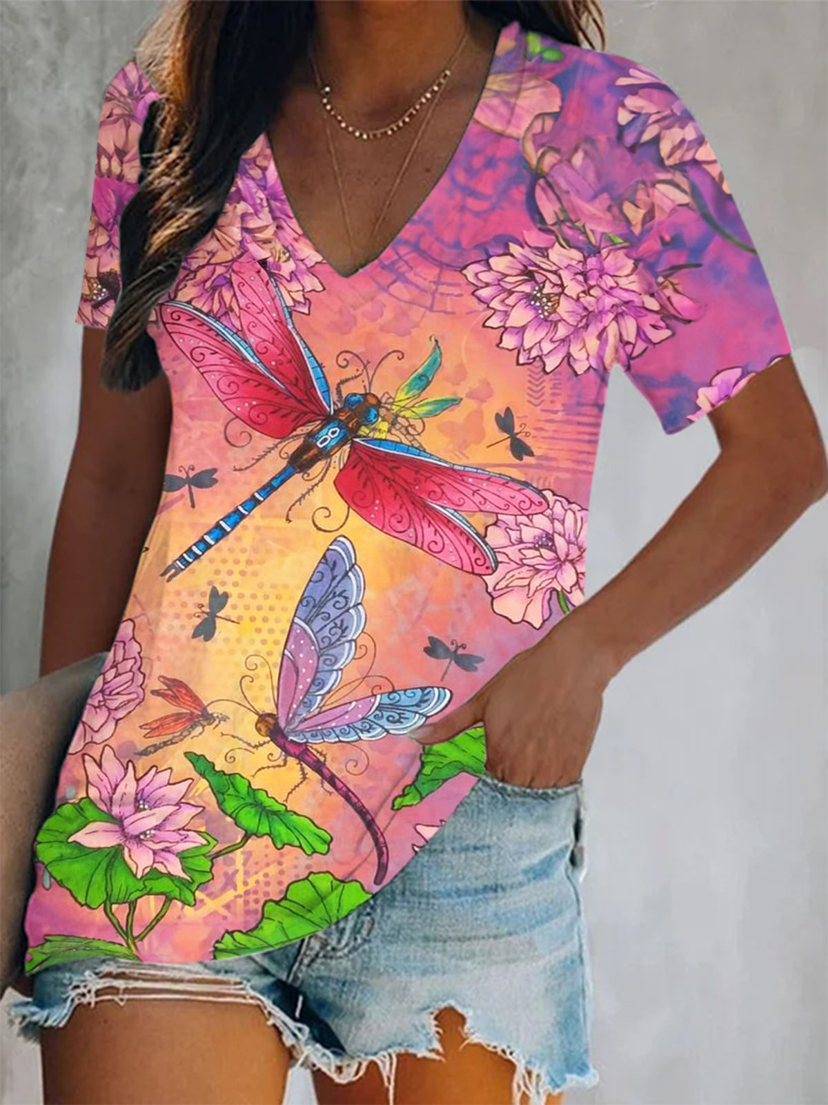 Purple Floral Dragonflies V Neck Printed Top