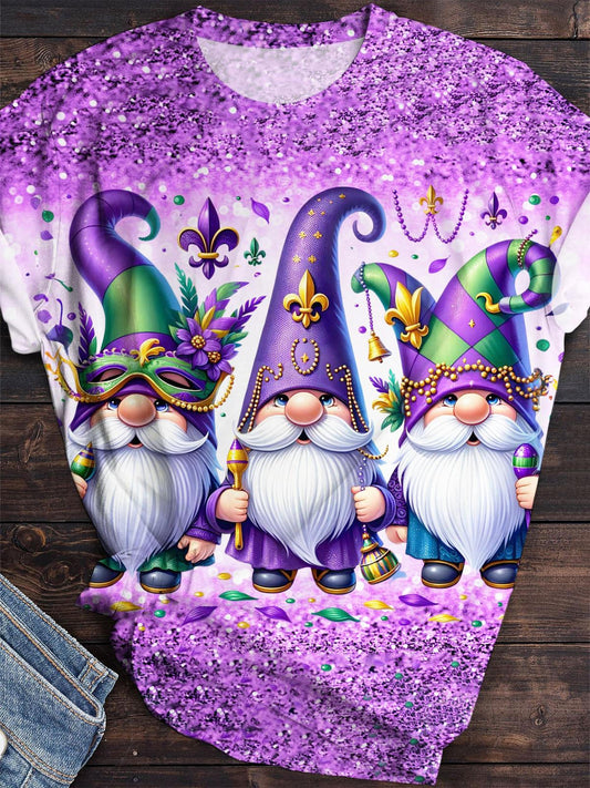 Mardi Gras Gnome Glitter Print Crew Neck T-Shirt