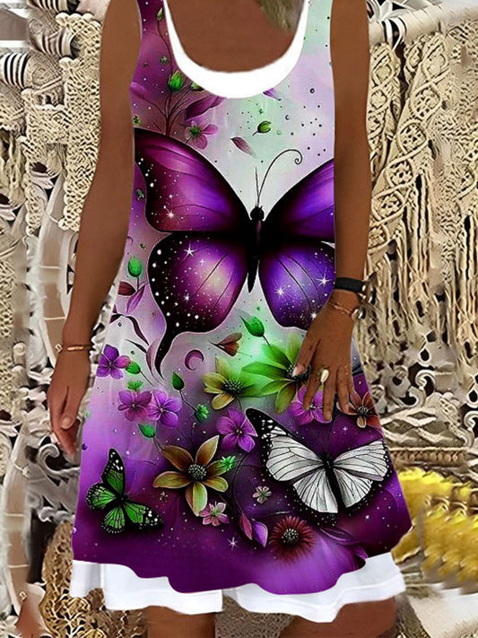 Purple Butterfly Print Casual Splicing Dress