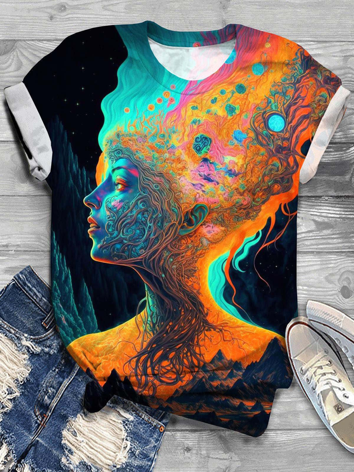 Artistic Portrait Print Crew Neck T-shirt