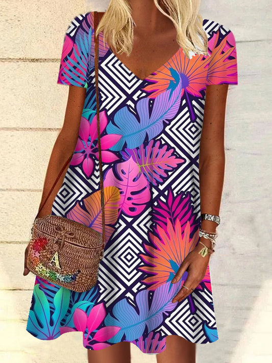 Botanical Geometric V Neck Short Sleeve Dress