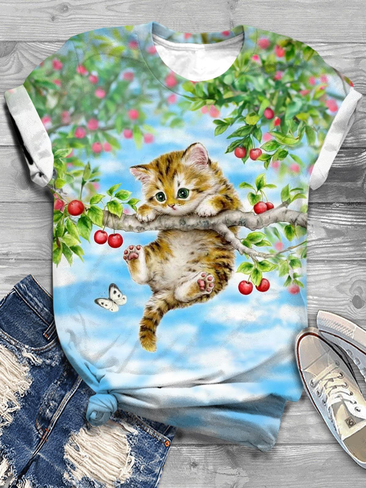 Climbing Tree Branch Kitty Crew Neck T-shirt