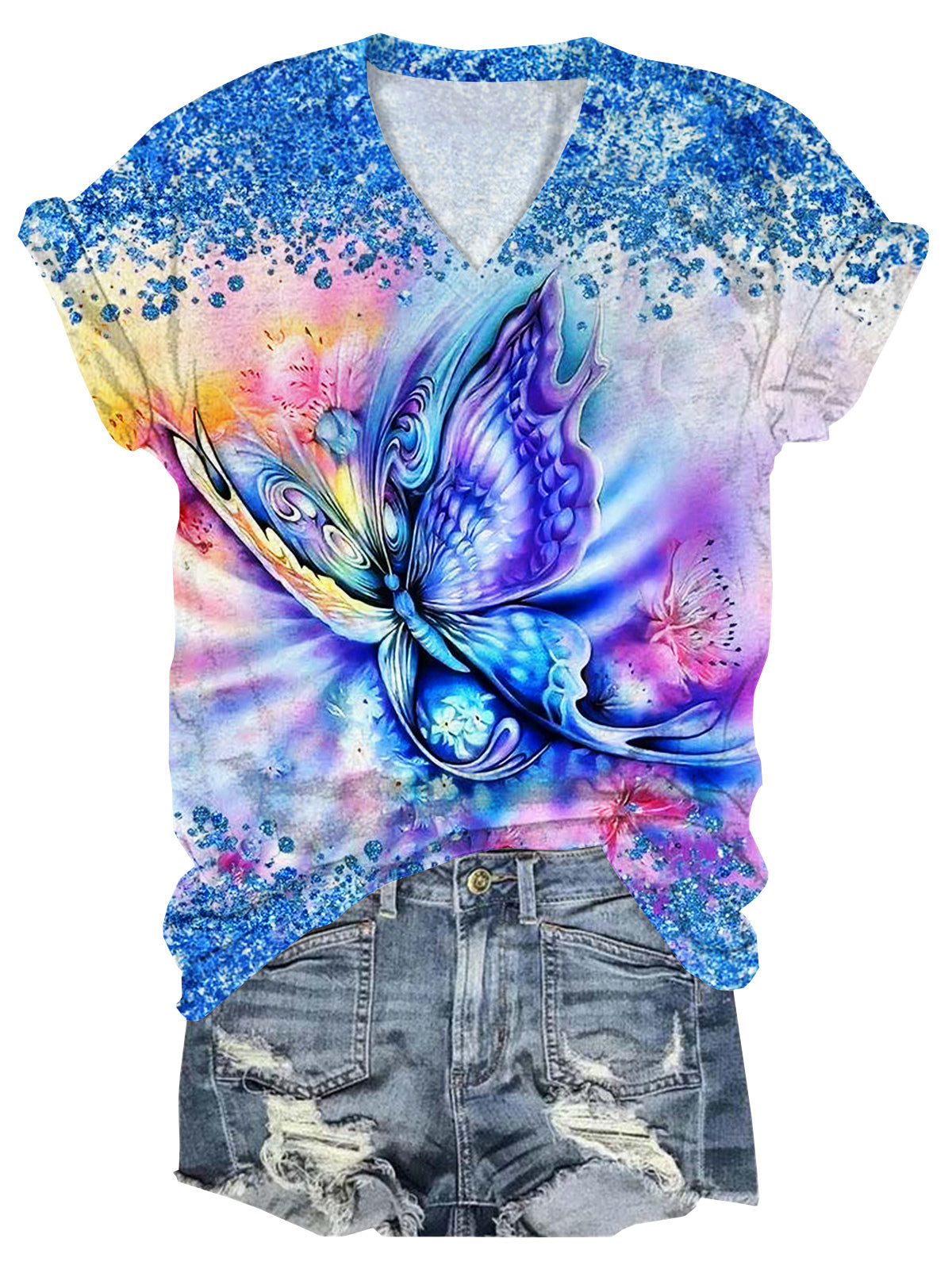 Abstract Butterfly V-Neck Short Sleeve T-Shirt