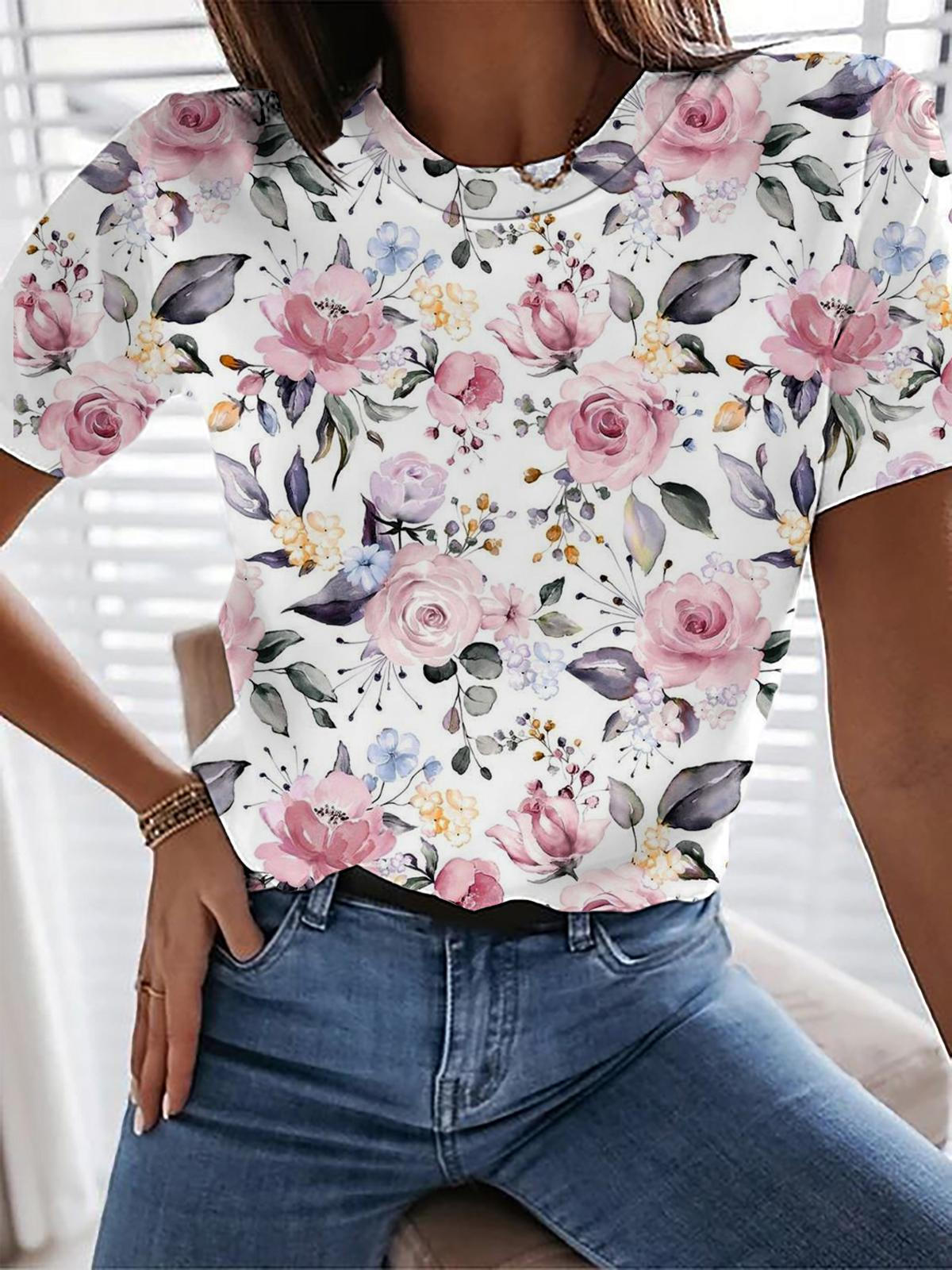 Watercolor Rose Flowers Crew Neck T-shirt