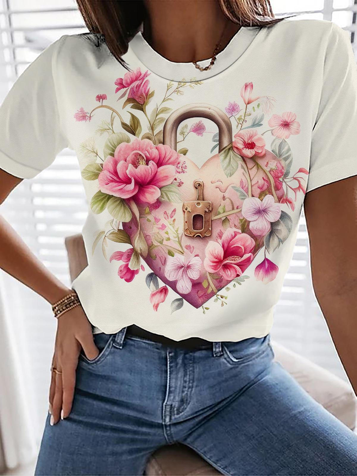 Floral Locket Heart Print Crew Neck T-shirt