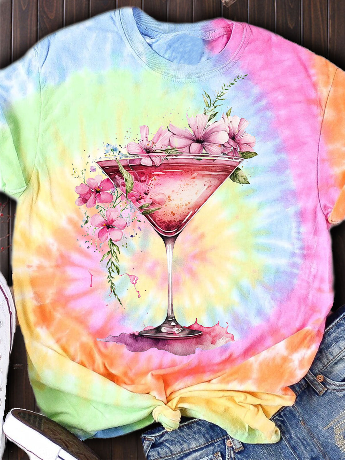 Women's Spring Floral Wine Glass Tie Dye Print Top