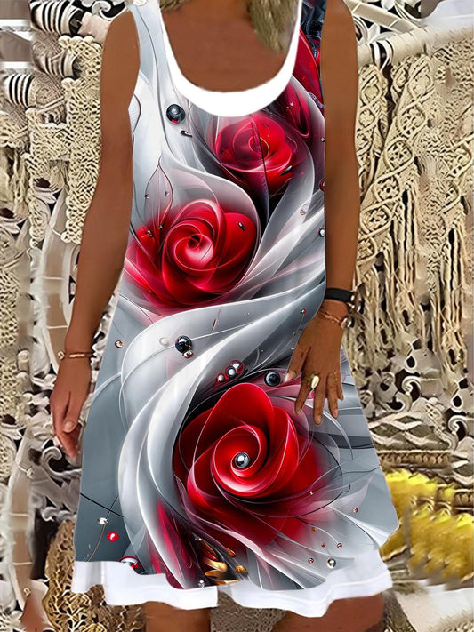 Ladies Rose Print False Two Dress