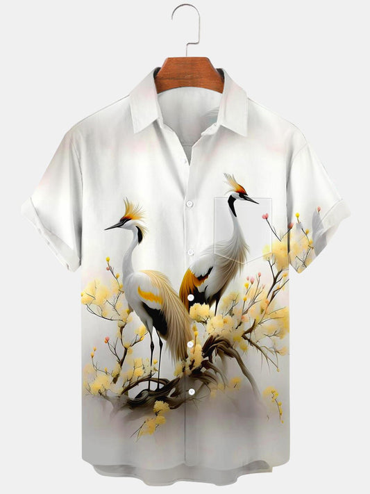 White Crane Flower Men's Shirts With Pocket