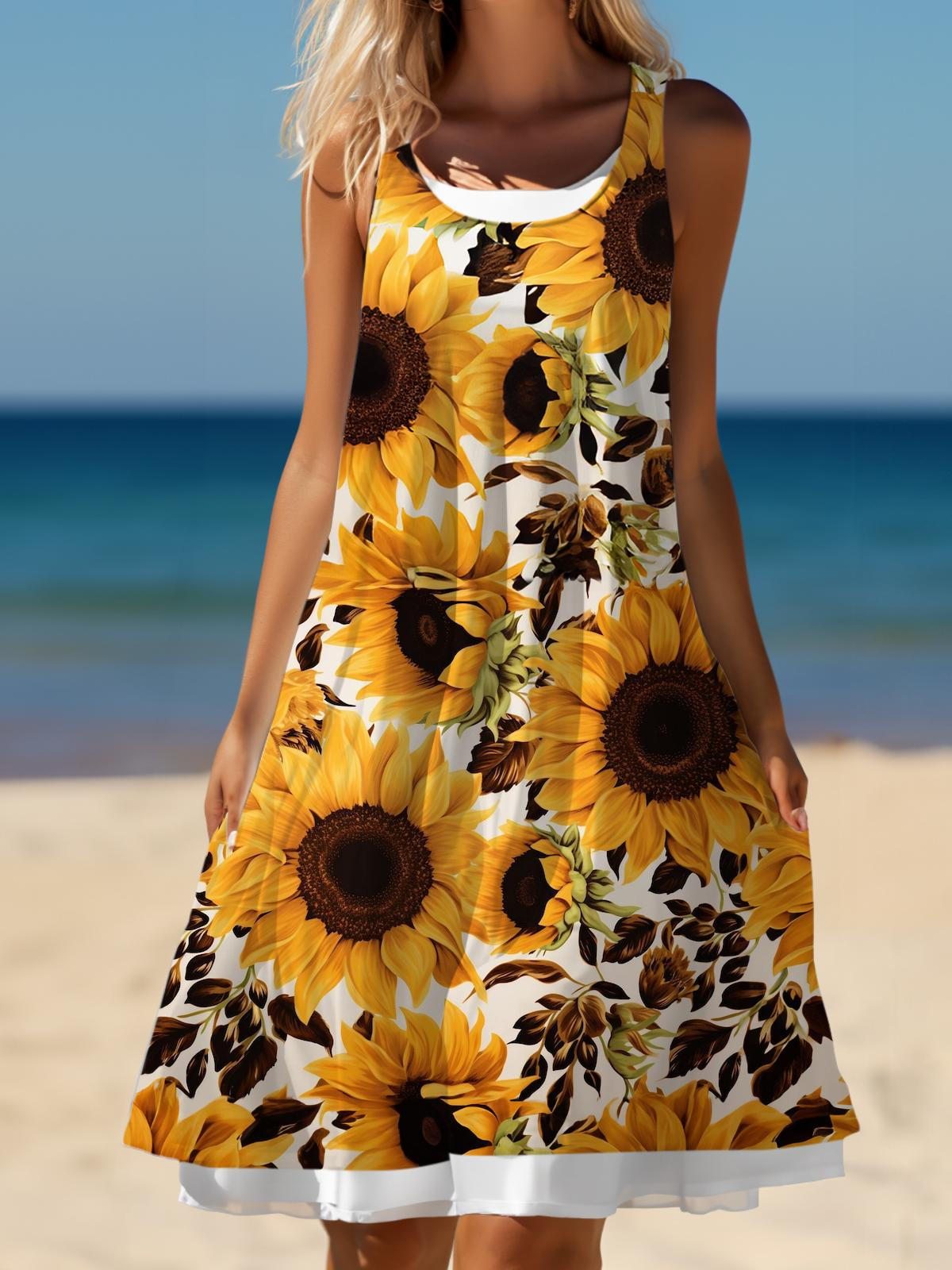 Sunflower Print Ladies Splicing Dress