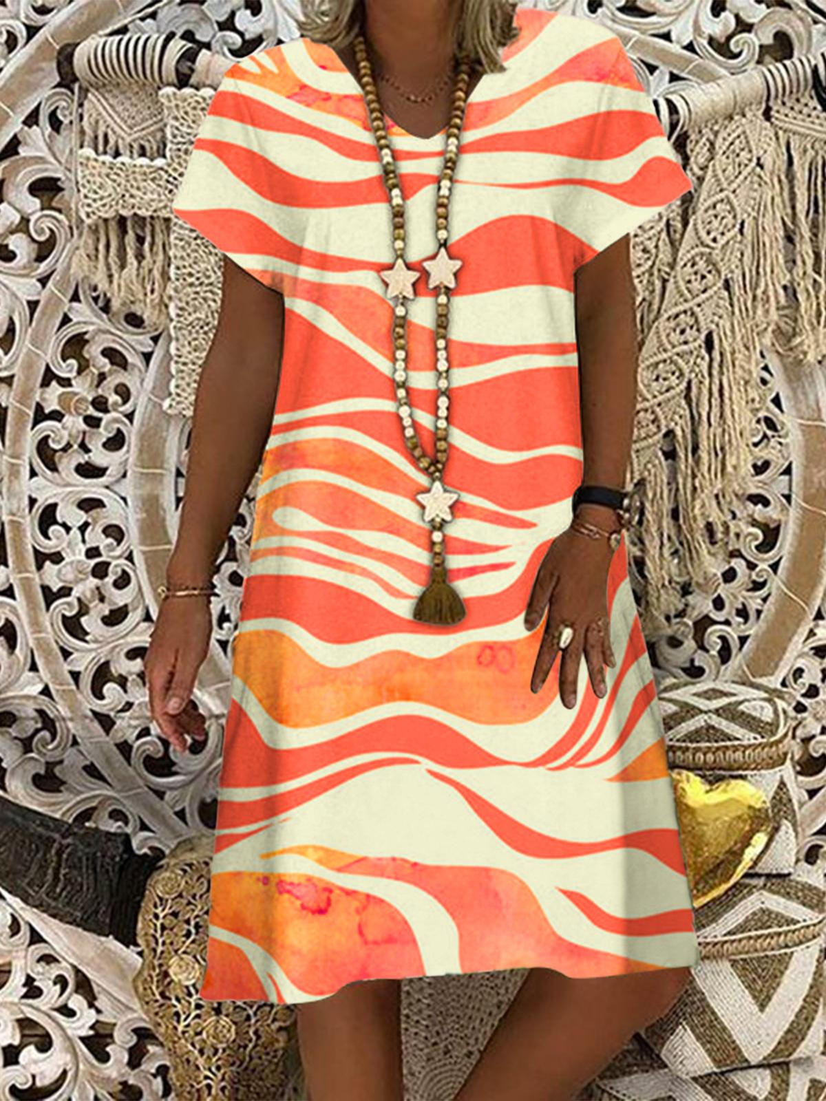 Orange Wave Art V Neck Short Sleeve Dress