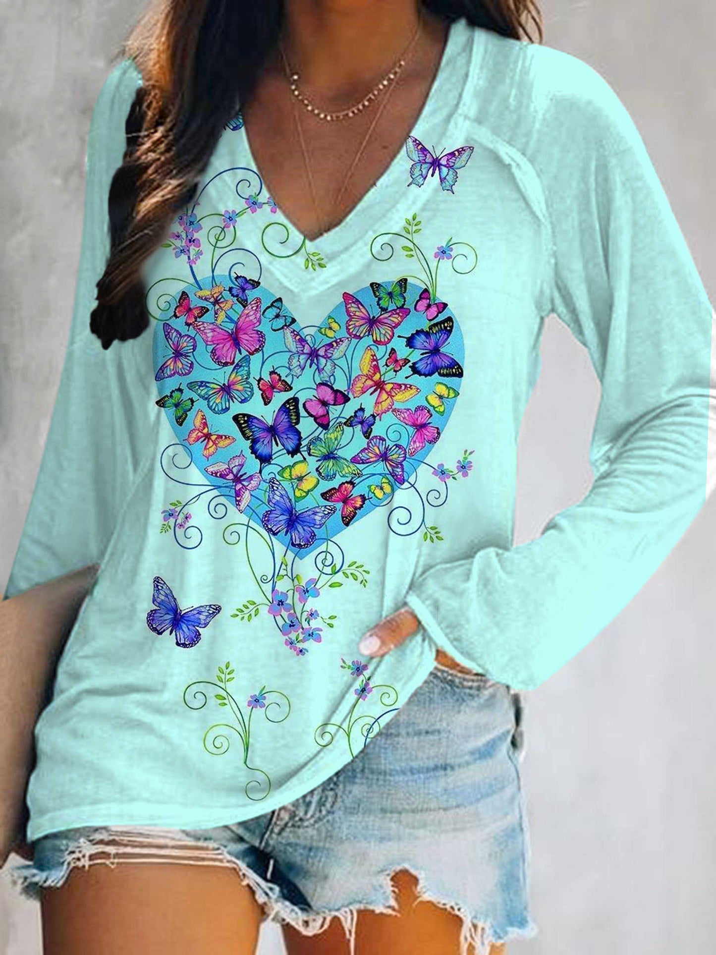 Women's Heart Butterfly Print V-Neck Long Sleeve T-Shirt