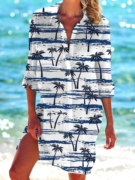 Coconut Tree Print Long Sleeve Beach Shirt Dress