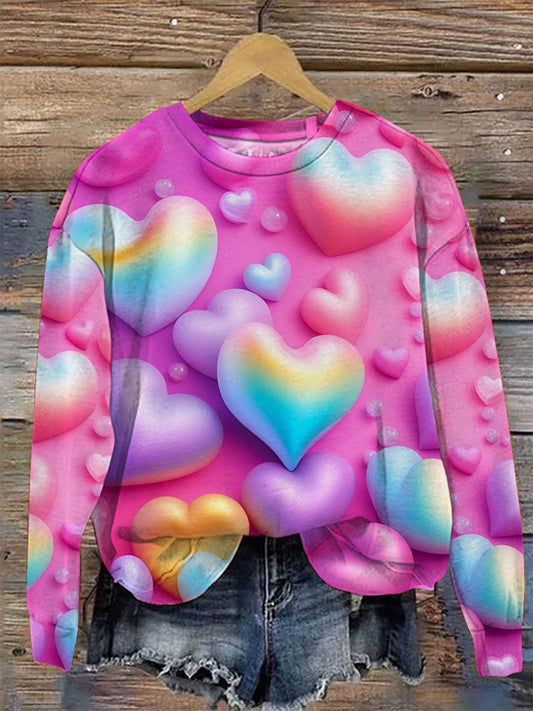 Women's Valentine's Day Love Hearts Print Round Neck Long Sleeve Top