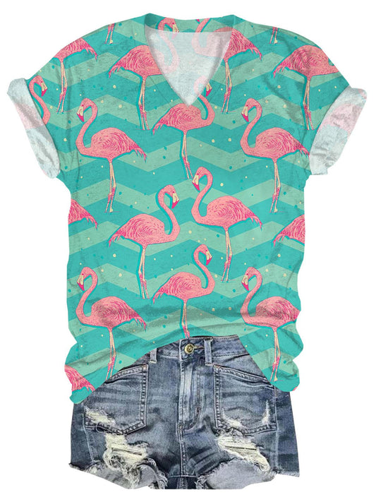 Flamingo Print V-Neck Short Sleeve T-Shirt