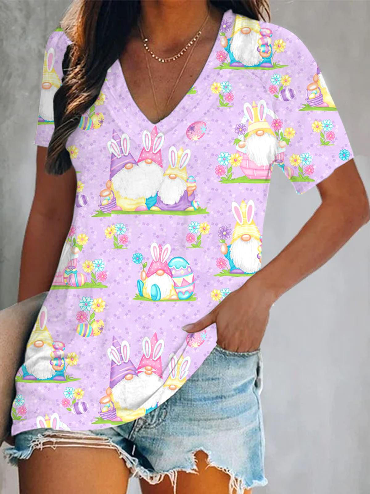 Hoppy Easter Gnomies Print Short Sleeve V Neck Print Top