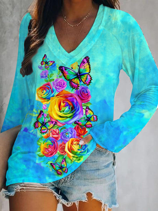 Colorful Rose Butterfly Print V-Neck Long Sleeve Top