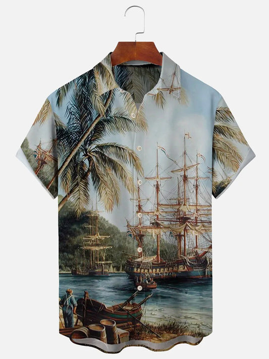 Vintage Nautical Hawaiian Coconut Tree Natural Short Sleeve Men's Shirts With Pocket