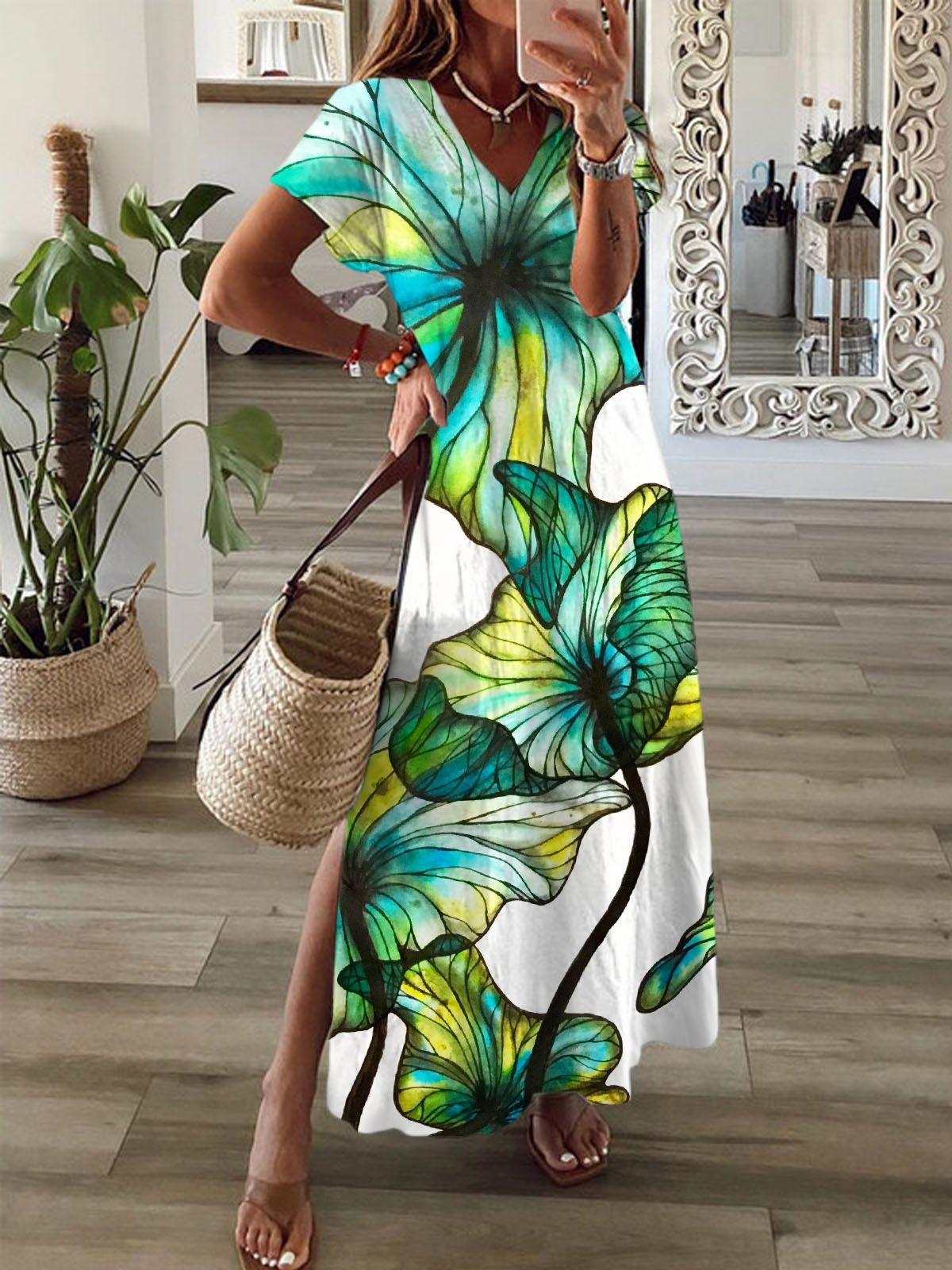 Leaf Plant Short Sleeve V Neck Maxi Dress