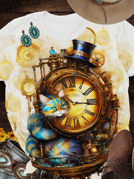 Cat Clock Crew Neck T-shirt