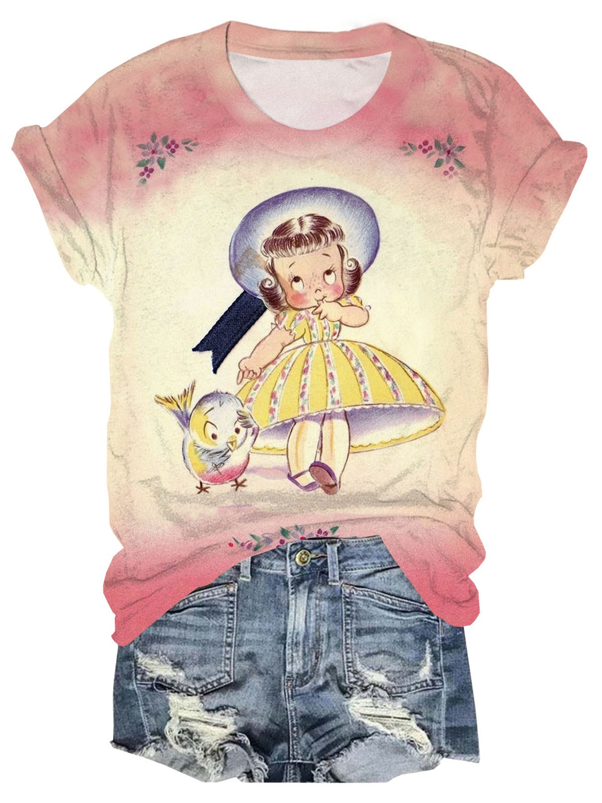 Retro Girl and Bird Print Crew Neck T-Shirt