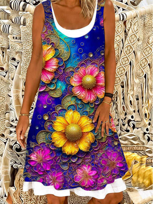 Stained Glass Flowers Ladies False Two Dress