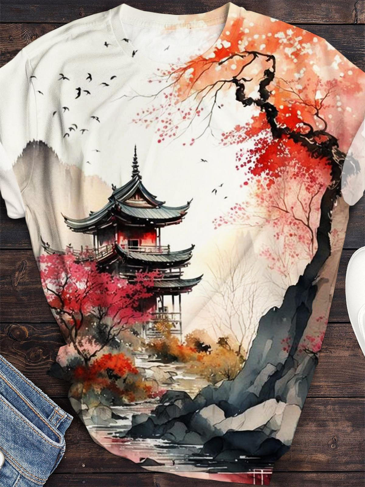 Japanese Landscape Print Crew Neck T-shirt