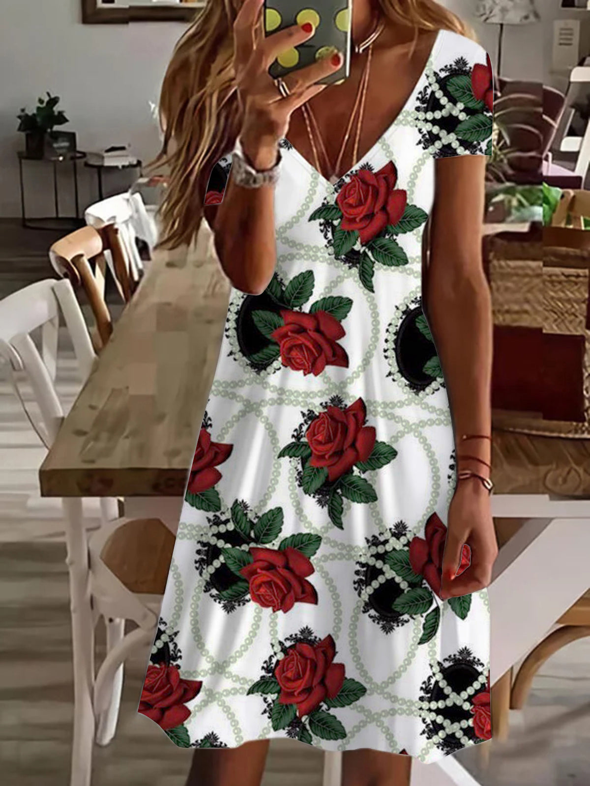 Rose Pearl V Neck Short Sleeve Dress