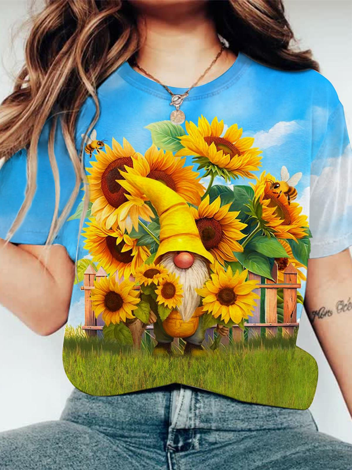 Blue Sky Sunflower Gnome Crew Neck T-shirt