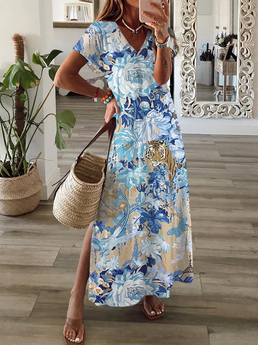 Flower Tiger Short Sleeve V Neck Maxi Dress