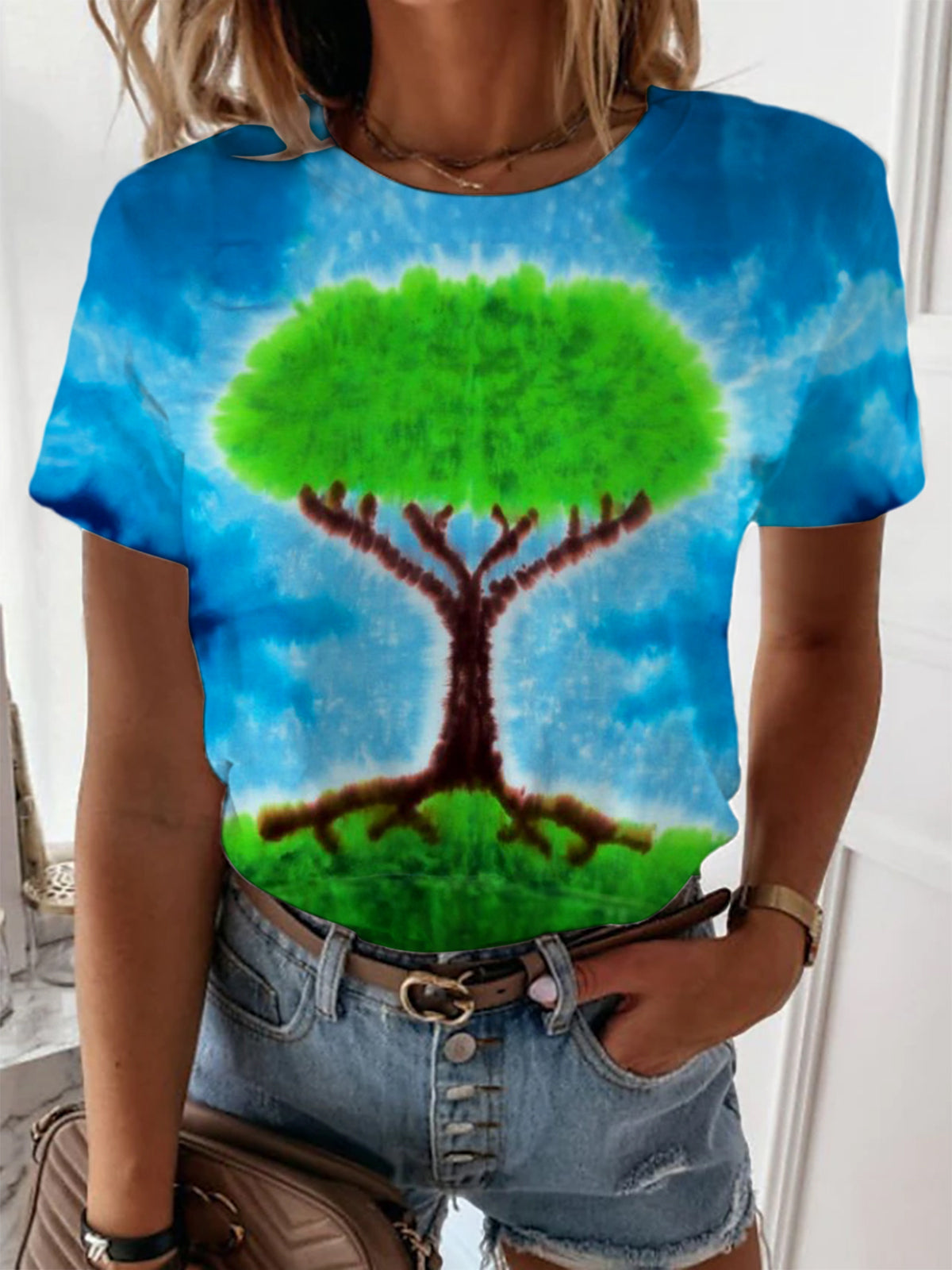 Tie Dye Tree Print Crew Neck T-shirt