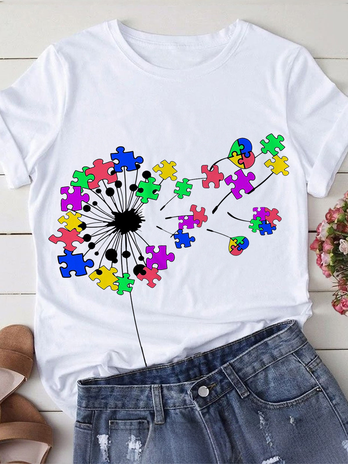 Autism Dandelion Print Crew Neck T-shirt